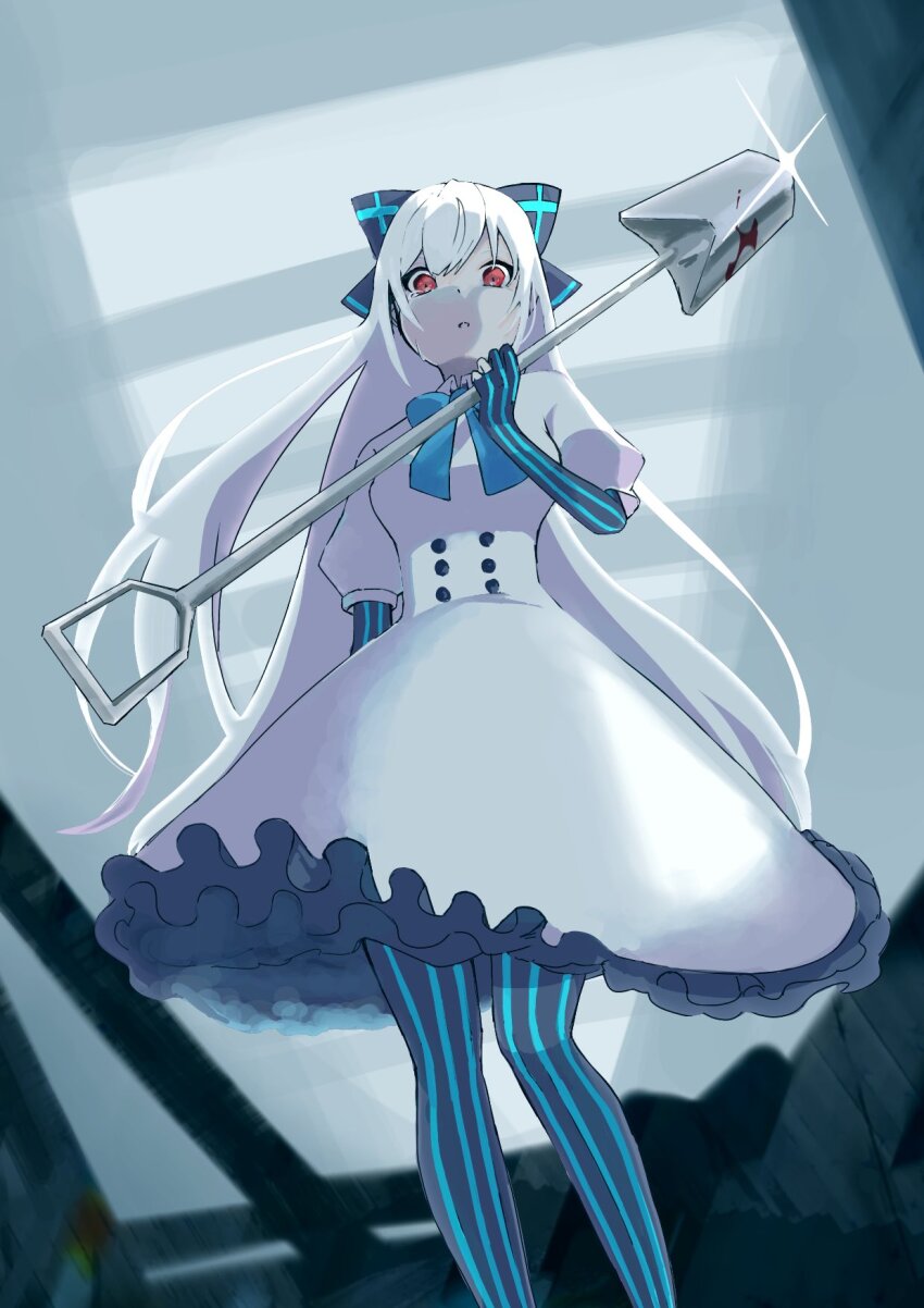 1girl, blood, bloody_weapon, blue_bow, bow, commentary_request, crying, crying_with_eyes_open