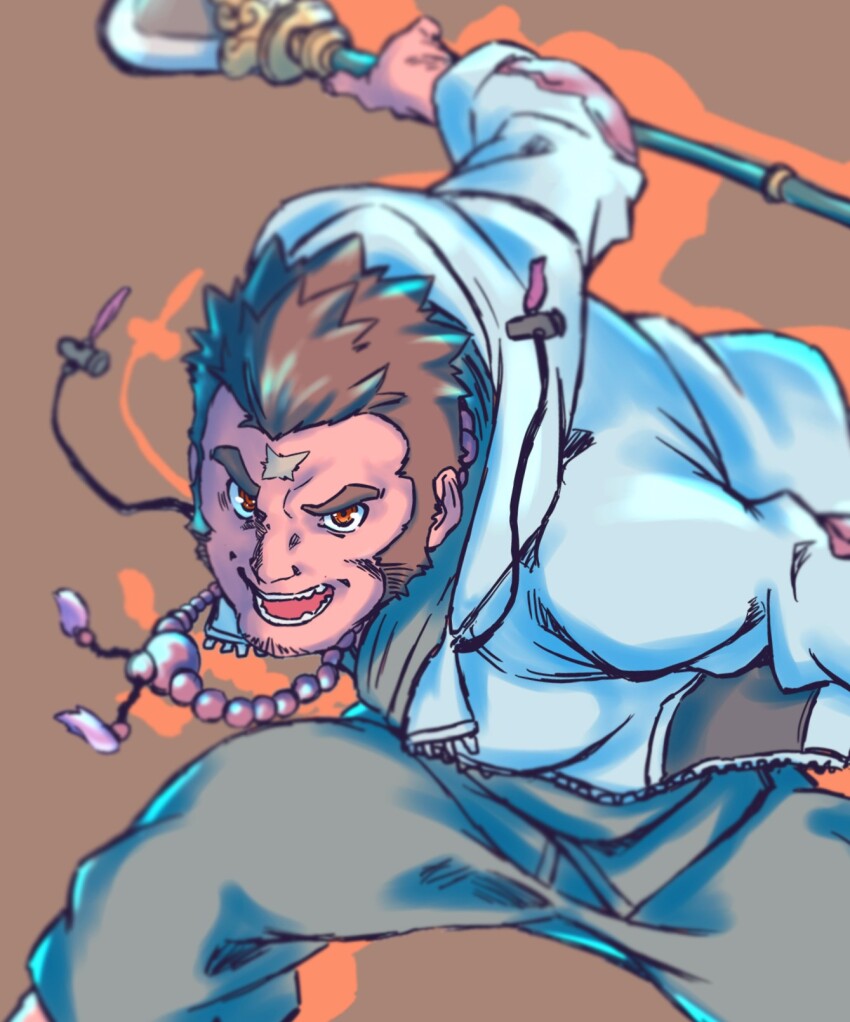 1boy, bara, beads, brown_hair, close-up, cross_scar, facial_hair, fighting_stance, frown, heylaw, highres, holding, holding_polearm, holding_weapon, houzouin_oniwaka, long_sideburns, looking_at_viewer, male_focus, polearm, prayer_beads, scar, scar_on_face, scar_on_forehead, short_hair, sideburns, solo, spear, stubble, tokyo_houkago_summoners, weapon