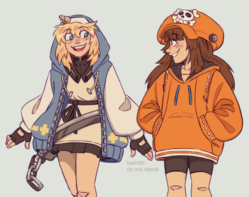 1boy, 1girl, androgyne_symbol, aqua_eyes, bike_shorts, black_gloves, black_skirt, blonde_hair, blue_hoodie, bridget_(guilty_gear), brown_eyes, brown_hair, cuffs, english_text, fingerless_gloves, gloves, guilty_gear, guilty_gear_strive, habit, handcuffs, hood, hood_up, hooded_jacket, hoodie, jacket, kaereth, long_sleeves, looking_at_another, may_(guilty_gear), open_clothes, open_hoodie, open_mouth, orange_headwear, orange_hoodie, orange_shirt, pleated_skirt, puffy_long_sleeves, puffy_sleeves, shirt, skirt, skull_and_crossbones, trap