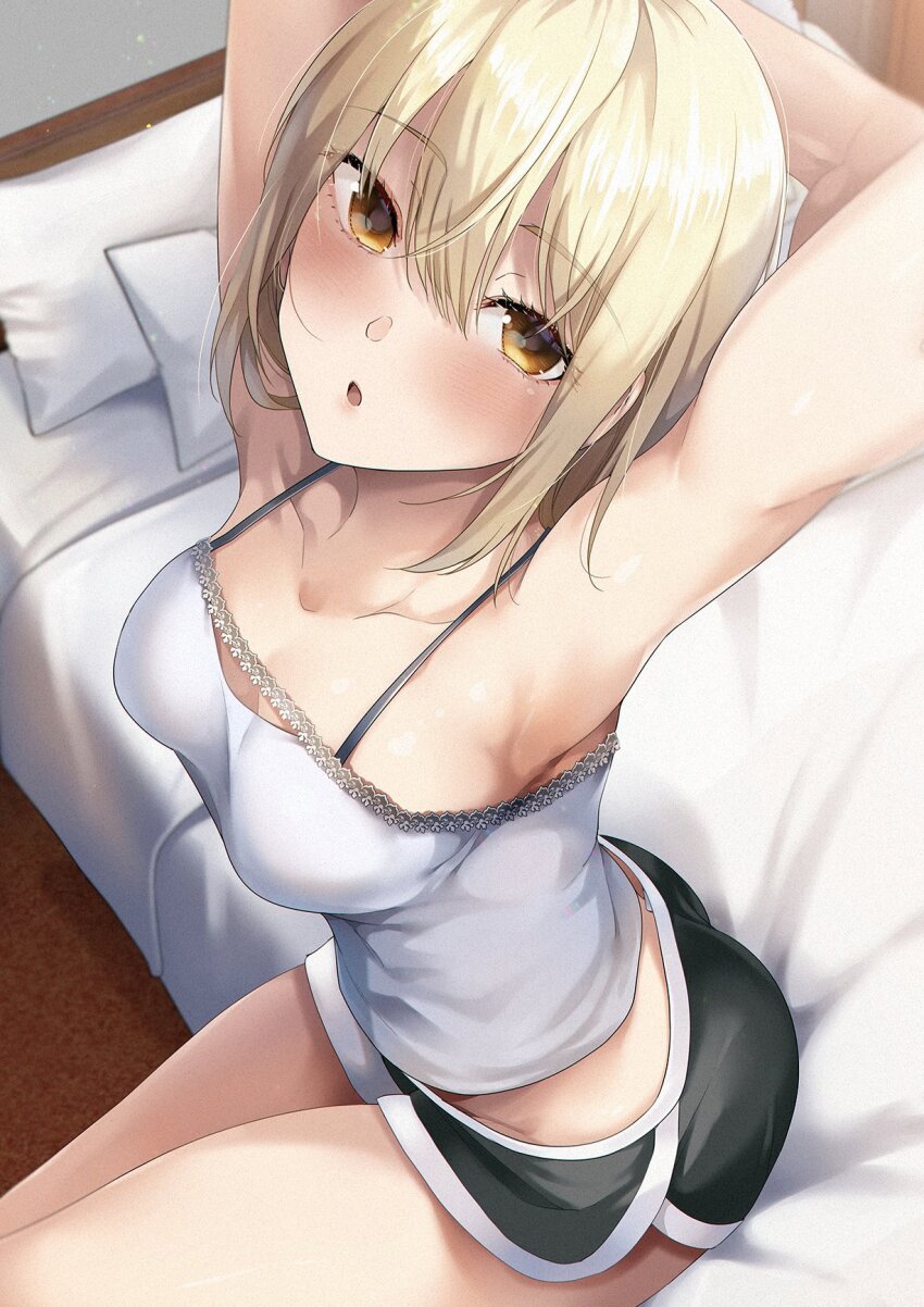 1girl, :o, arm_behind_head, armpits, arms_up, asakura_ageha, bare_arms, bare_shoulders, black_shorts, blonde_hair, blush, breasts, camisole, check_copyright, collarbone, commentary_request, copyright_request, crop_top, dolphin_shorts, from_above, groin, highres, indoors, lace_trim, looking_at_viewer, medium_breasts, midriff, official_art, on_bed, open_mouth, pillow, ryouma_(galley), short_shorts, shorts, solo, spaghetti_strap, thighs, white_camisole, yellow_eyes, yumeochi_-_yume_de_bokura_wa_koi_ni_ochiru