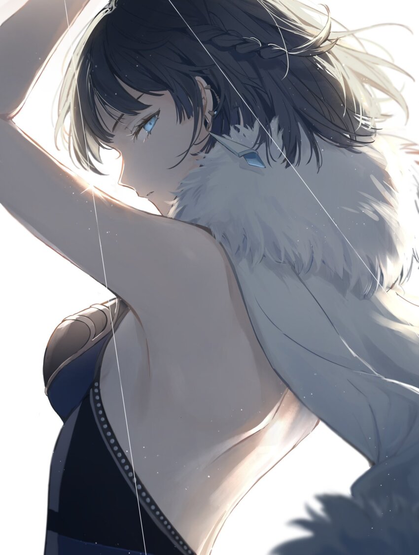 1girl, arm_up, armpits, back, backless_outfit, backlighting, bare_arms, bare_back