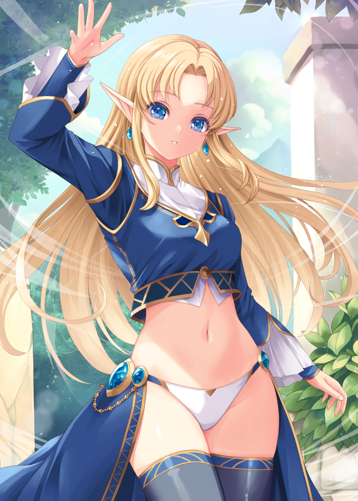 1girl, arm_up, blonde_hair, blue_eyes, blue_shirt, blue_thighhighs, breasts, bush, cleft_of_venus, cloud, cloudy_sky, commentary_request, cowboy_shot, earrings, elf, floating_hair, frilled_sleeves, frills, half-skirt, hand_up, jewelry, kirishima_satoshi, light_particles, long_hair, long_sleeves, looking_at_viewer, medium_breasts, motion_lines, mountain, navel, original, outdoors, panties, parted_bangs, parted_lips, pointy_ears, princess, shirt, sky, smile, solo, stone_wall, thighhighs, thighs, train_(clothing), tree, underwear, wall, wind