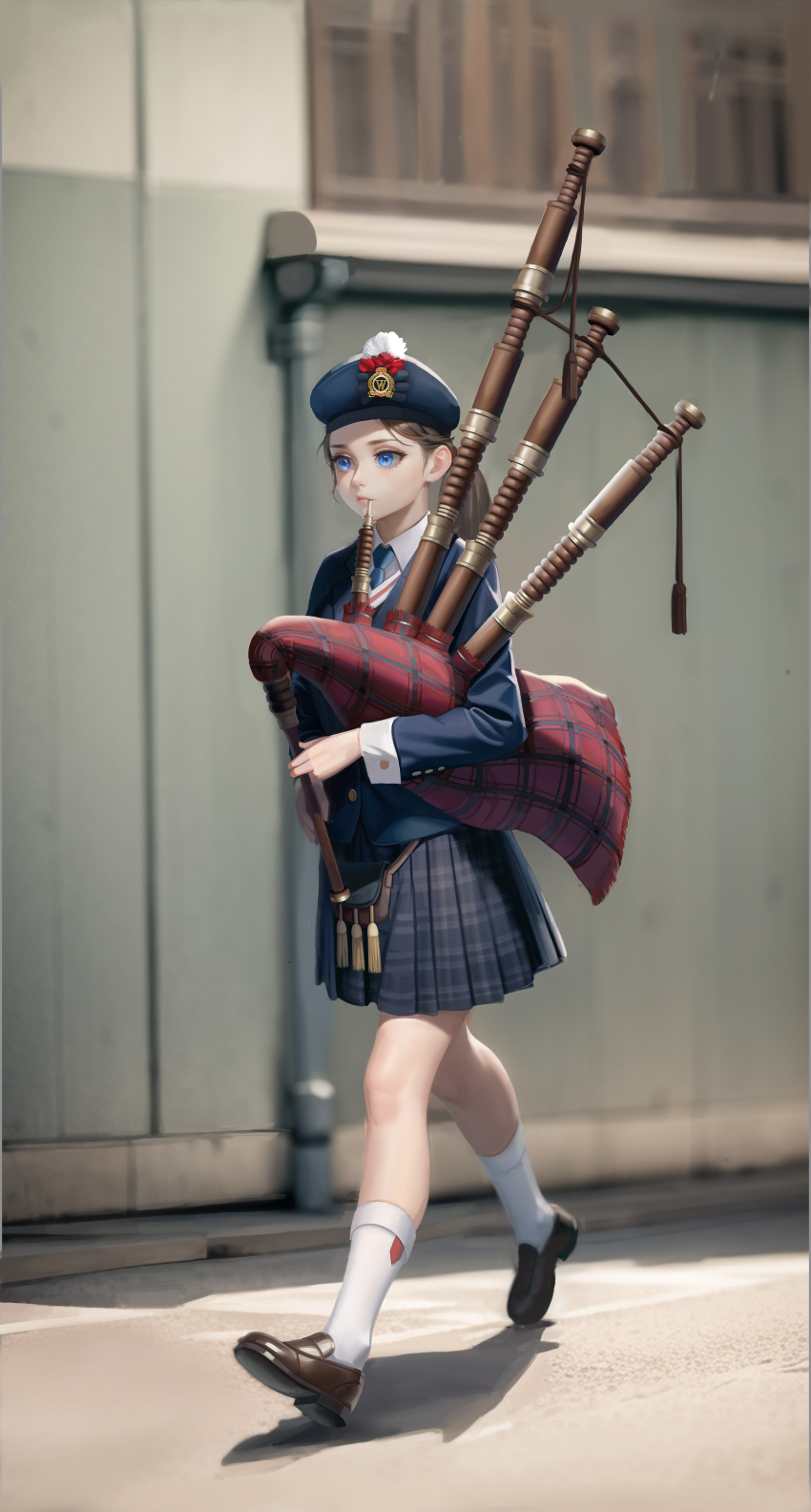 1girl, absurdres, bagpipes, beret, blazer, blue_eyes, blue_hat, blue_jacket