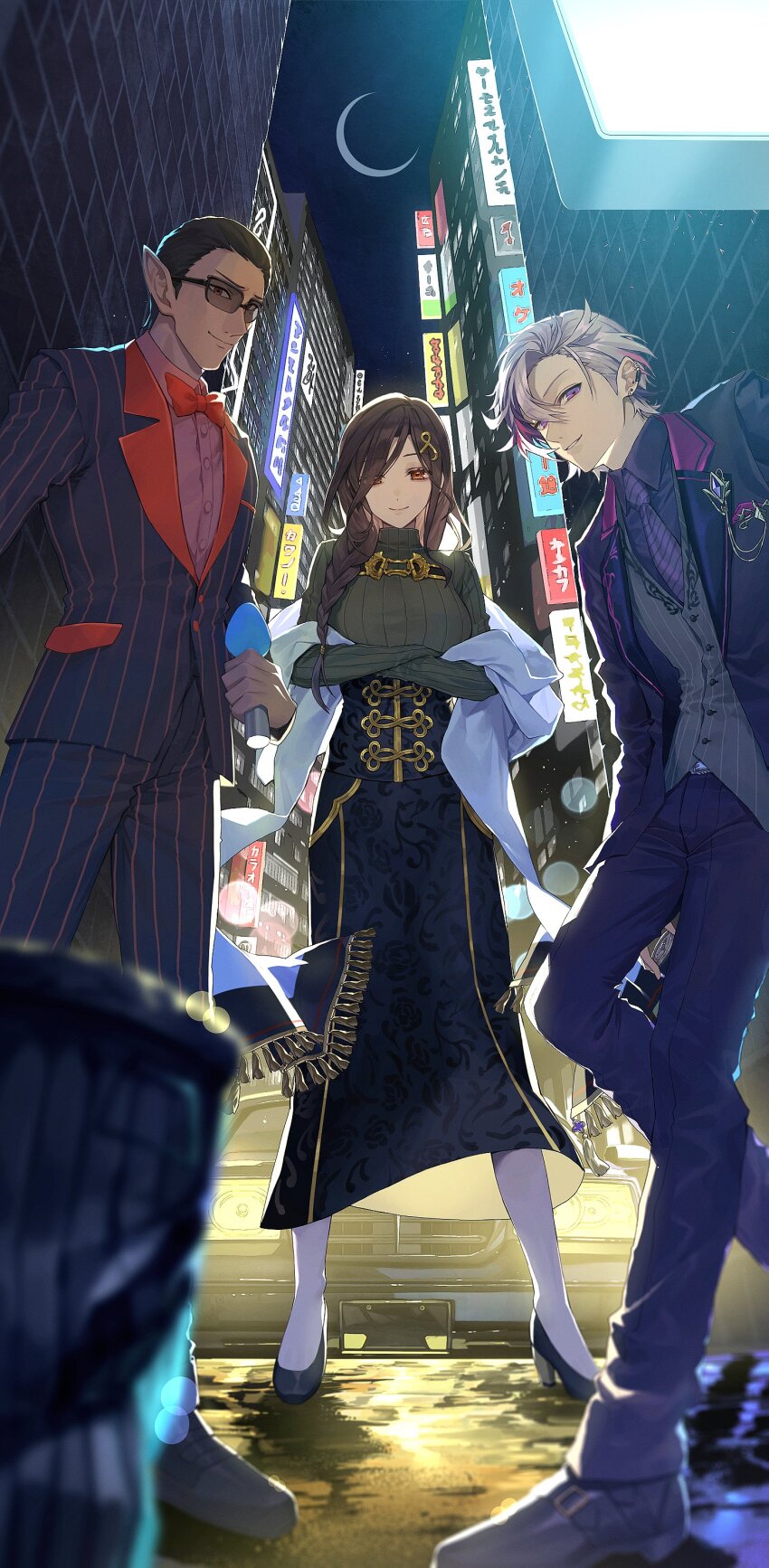 1girl, 2boys, absurdres, against_wall, alley, black_hair, blue_hair, blue_pants