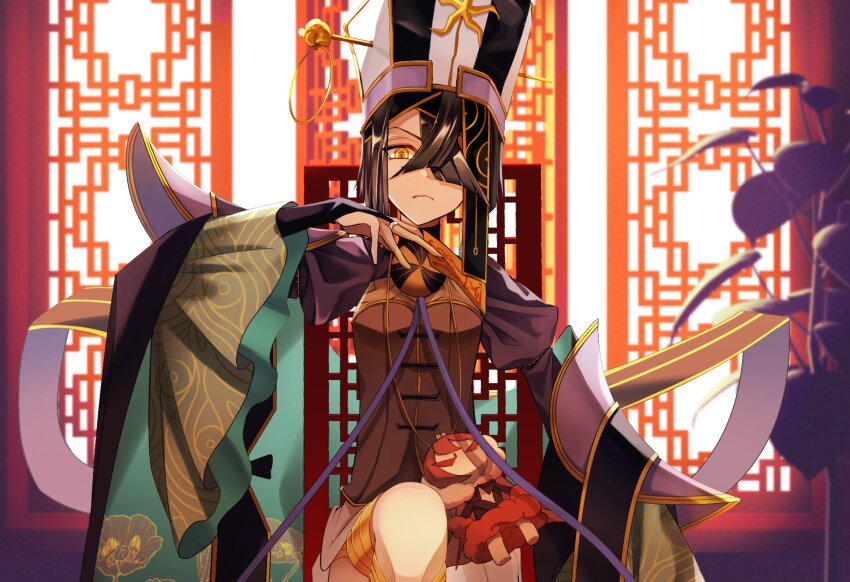 1girl, absurdres, black_hair, breasts, brown_eyes, character_doll, corset, doll, dress, fate/grand_order, fate_(series), hair_over_one_eye, hat, highres, juliet_sleeves, long_sleeves, looking_at_viewer, mole, mole_under_eye, morita_yuu, puffy_sleeves, sash, short_hair, skirt, small_breasts, solo, white_hat, white_skirt, wide_sleeves, xu_fu_(fate), xu_fu_(third_ascension)_(fate), yu_mei-ren_(fate)