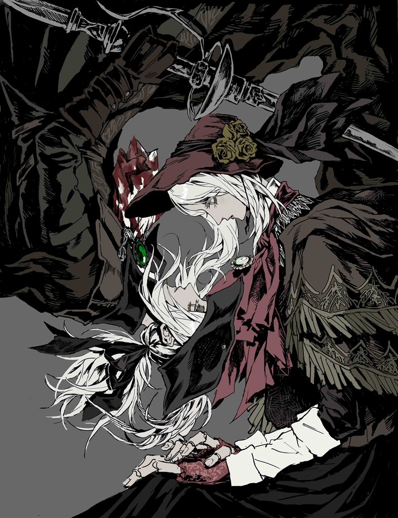 2girls, black_headwear, bloodborne, bonnet, brown_cloak, cloak, doll_joints, dress