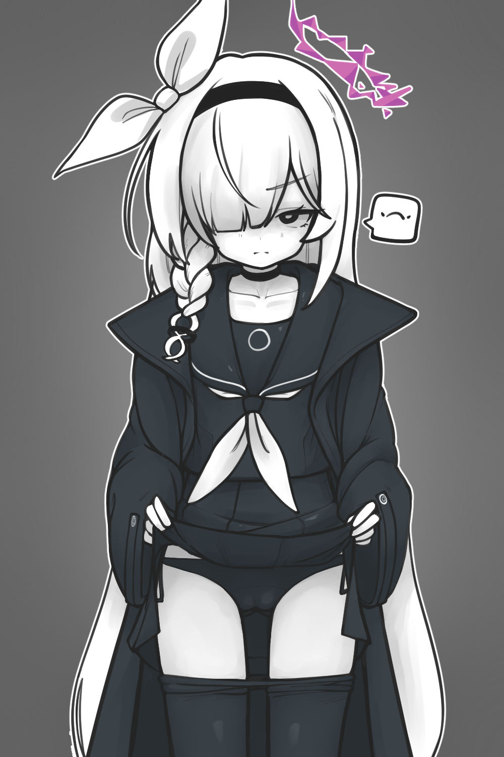 0dot001hz, 1girl, plana_(blue_archive), arona_(blue_archive), black_choker, black_serafuku, blue_archive, choker, grey_background, grey_eyes, halo, highres, long_hair, looking_at_viewer, neckerchief, pink_eyes, school_uniform, serafuku, simple_background, white_hair, white_neckerchief