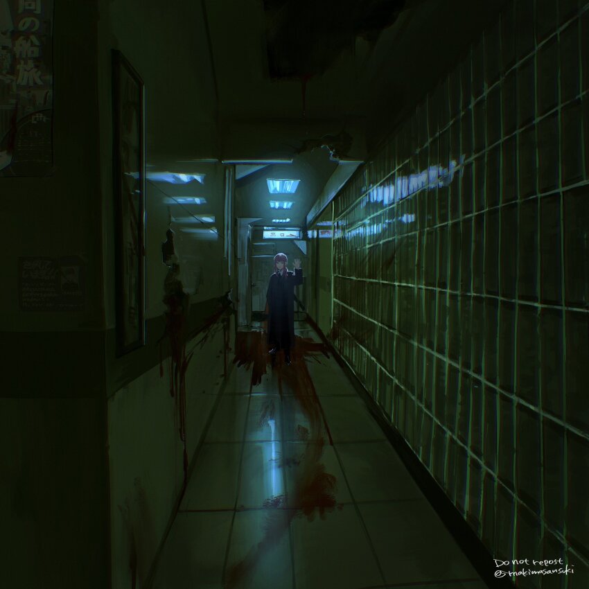 1girl, black_coat, black_necktie, black_pants, blood, blood_on_ground, blood_on_wall, braid
