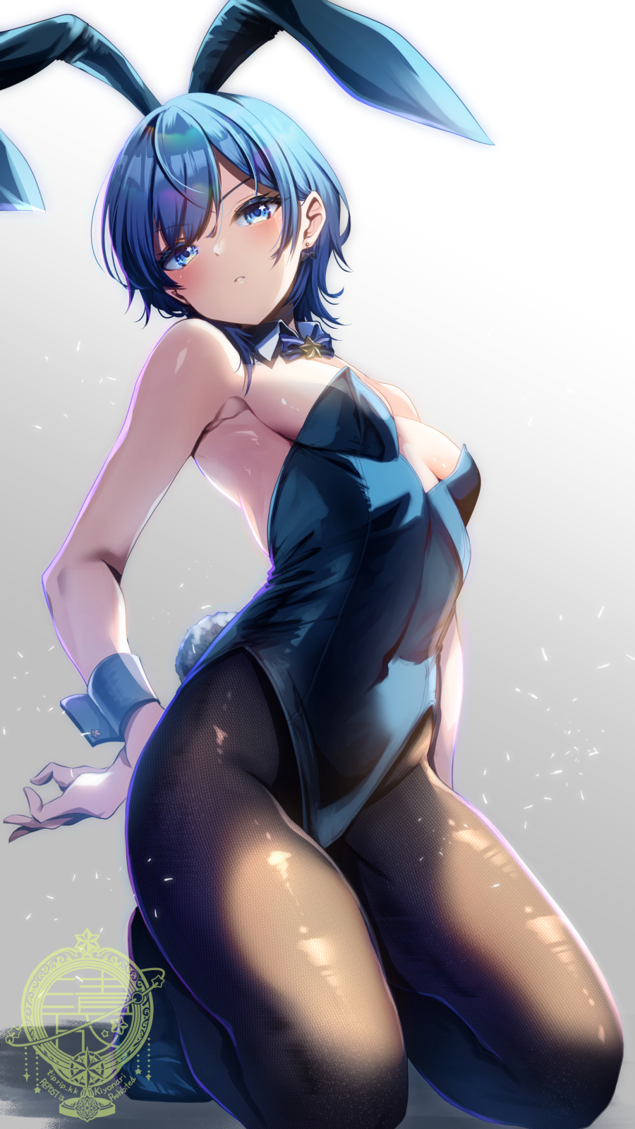 1girl, animal_ears, bare_shoulders, black_leotard, black_pantyhose, blue_eyes, blue_hair, blush
