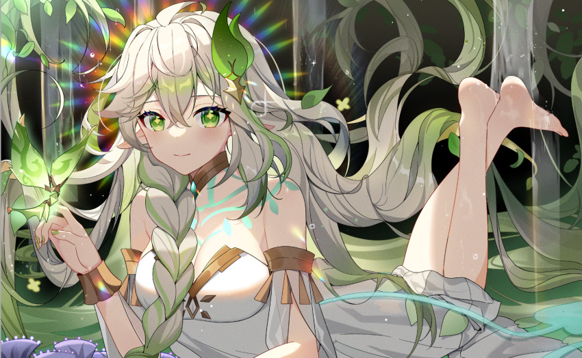 1girl, abby_riddle, ahoge, barefoot, braid, breasts, chest_tattoo, cleavage, crossed_ankles, crystalfly_(genshin_impact), dress, floating_hair, genshin_impact, green_eyes, hair_ornament, hair_spread_out, highres, insect_on_finger, leaf, legs, long_hair, looking_at_viewer, lying, medium_breasts, nail_polish, pointy_ears, ponytail, rainbow_gradient, rukkhadevata_(genshin_impact), sidelocks, strapless, strapless_dress, symbol-shaped_pupils, tattoo, very_long_hair, white_hair