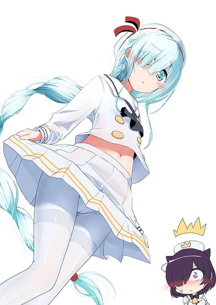 2girls, ^^^, aqua_eyes, aqua_hair, azur_lane, beret, black_neckerchief, blush