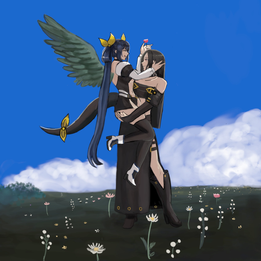1boy, 1girl, absurdres, angel_wings, bad_id, black_hair, blue_hair, blue_sky
