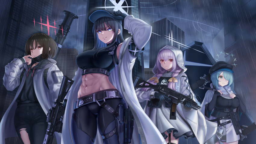 4girls, abs, absurdres, ammunition, arm_up, armband, assault_rifle, atsuko_(blue_archive)