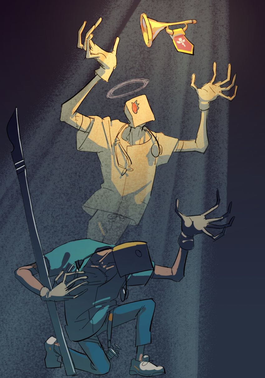 bag, bag_over_head, blue_pants, blue_shirt, covered_face, faust_(guilty_gear), full_body, gloves, guilty_gear, guilty_gear_strive, halo, highres, iki_(4sarabyebye), instrument, on_one_knee, pants, paper_bag, scalpel, shirt, stethoscope, trumpet, white_gloves