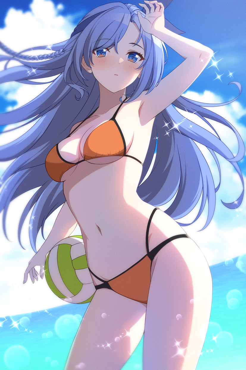 1girl, arm_up, armpits, ball, bikini, blue_eyes, blue_hair, borrowed_character, bow, breasts, cleavage, cloud, commission, hair_bow, highres, long_hair, medium_breasts, bae_minah_(chaesu), navel, orange_bikini, original, outdoors, ribbon, rin_ateria, skeb_commission, sky, solo, swimsuit, thighs, volleyball, volleyball_(object)