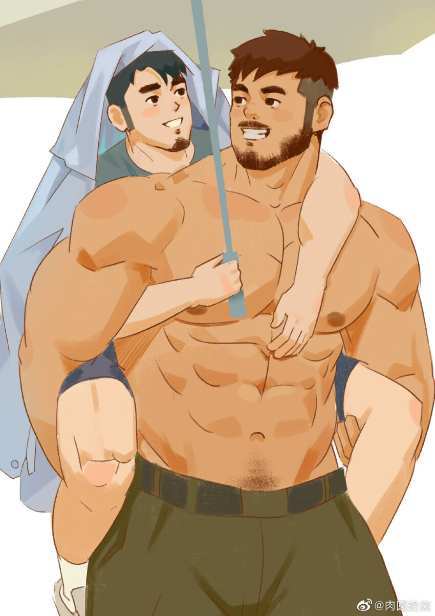 2boys, abs, arm_around_shoulder, bara, beard, blush_stickers, brown_hair, carrying