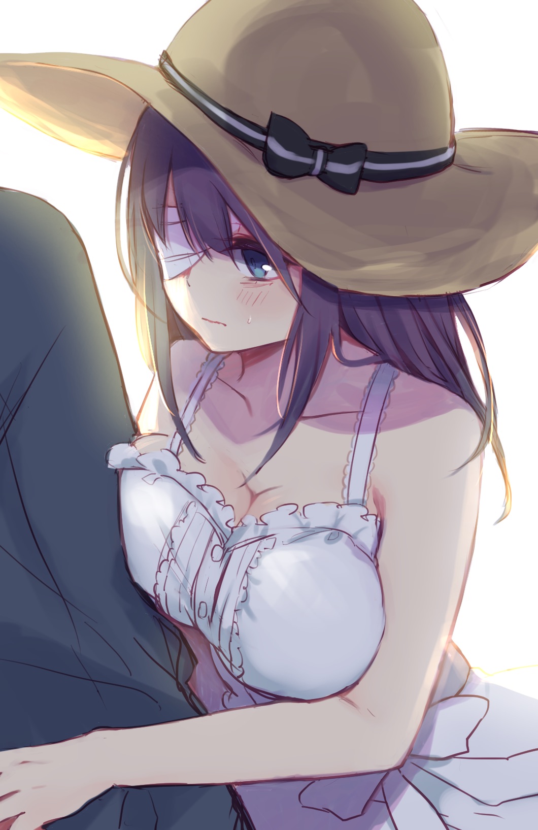 1boy, 1girl, backlighting, bandage_over_one_eye, bare_arms, bare_shoulders, black_hair, blue_eyes