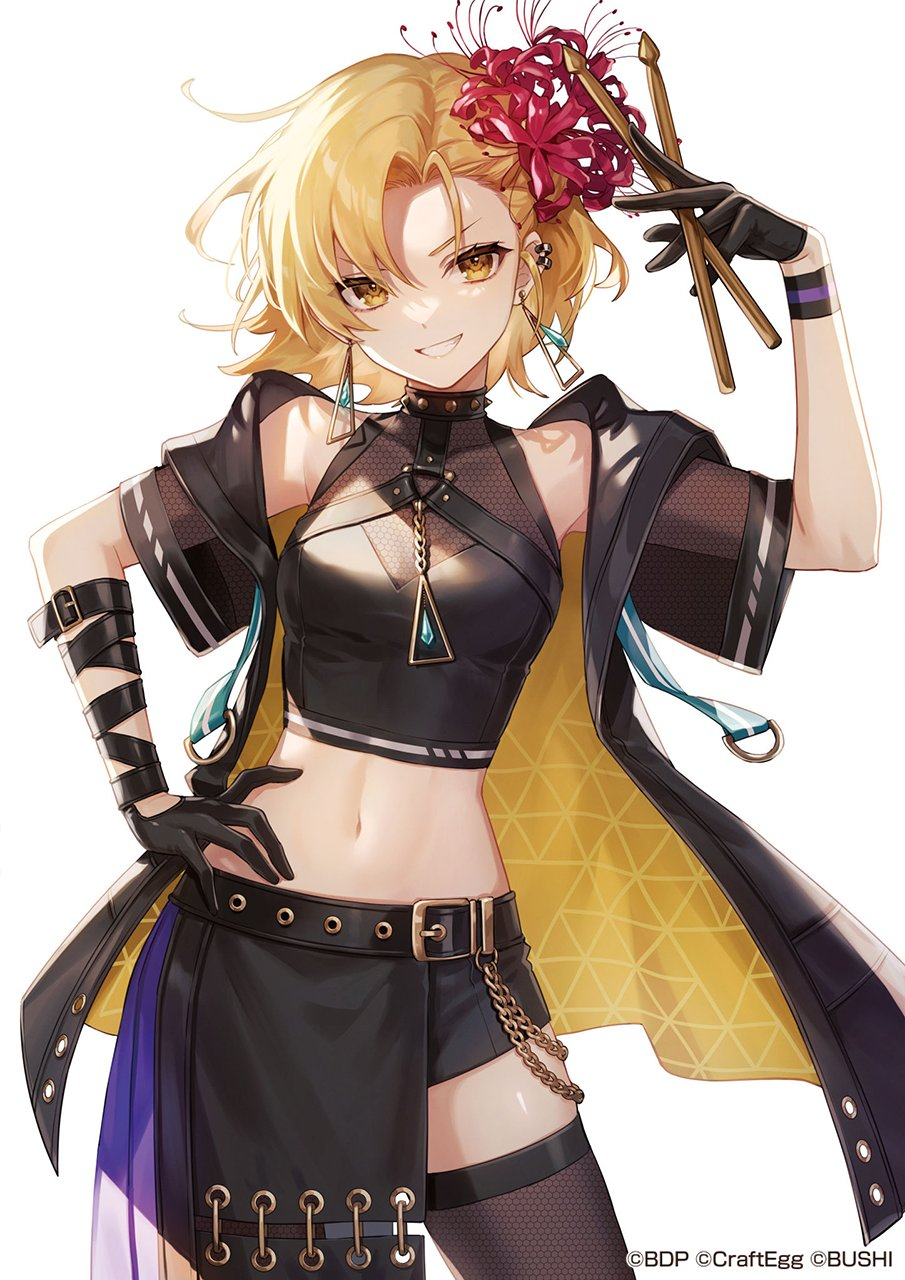 1girl, amaichi_esora, arm_belt, bang_dream!, bang_dream!_girls_band_party!, bare_shoulders, belt, black_belt, black_cape, black_gloves, black_shirt, black_skirt, black_thighhighs, blonde_hair, breasts, cape, collar, commentary_request, covered_collarbone, cowboy_shot, crop_top, drumsticks, ear_piercing, earrings, fishnet_thighhighs, fishnets, flower, gloves, grin, hair_between_eyes, hair_flower, hair_ornament, hand_on_own_hip, hand_up, highres, holding, holding_drumsticks, jewelry, looking_at_viewer, medium_breasts, midriff, navel, off_shoulder, official_art, parted_hair, piercing, sato_masuki, shirt, short_hair, short_sleeves, sidelocks, simple_background, skindentation, skirt, sleeveless, sleeveless_shirt, smile, solo, spiked_collar, spikes, standing, teeth, thighhighs, white_background, yellow_eyes