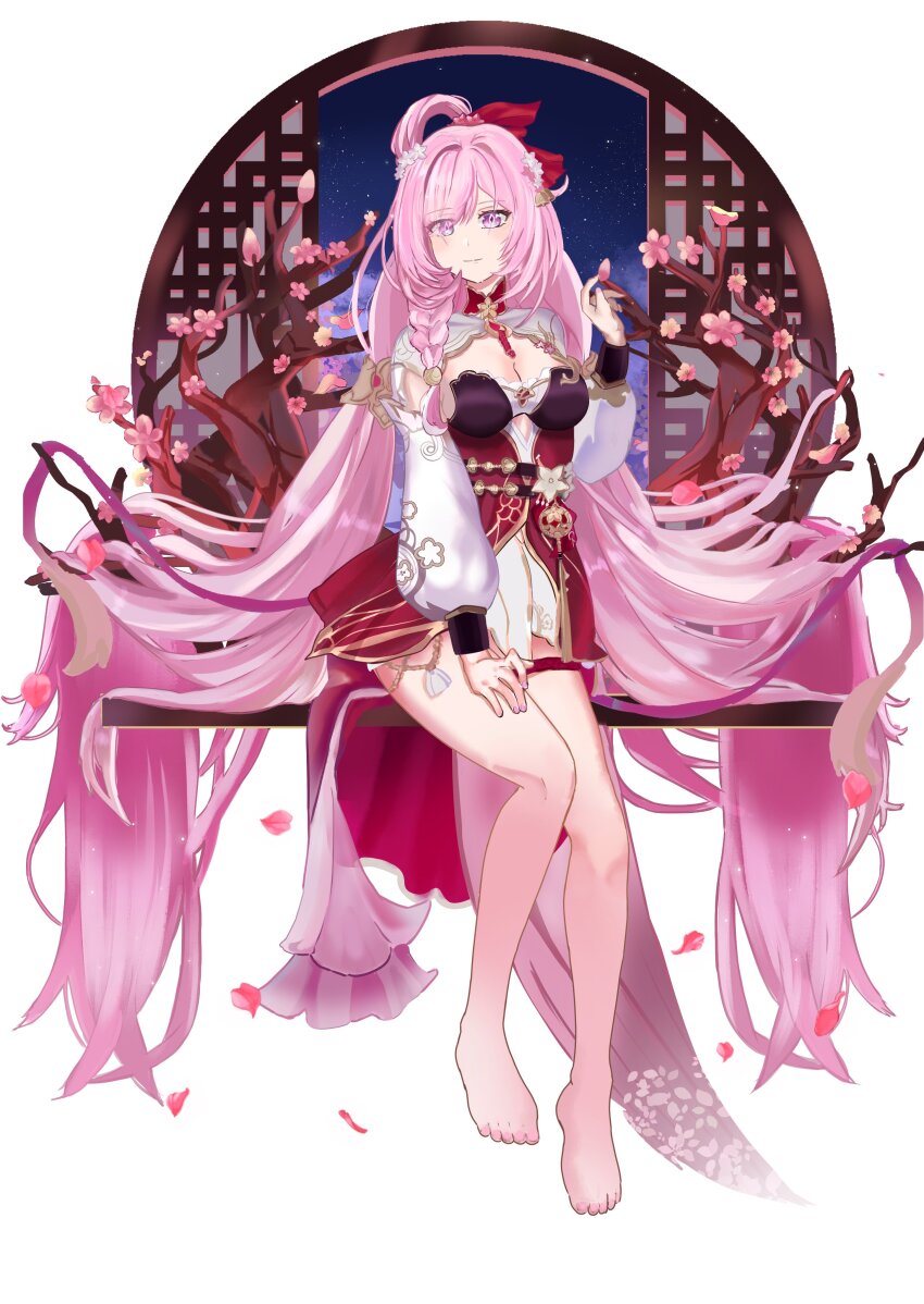 1girl, absurdres, bare_legs, barefoot, breasts, cherry_blossoms, china_dress, chinese_clothes, chocola_s, cleavage, cleavage_cutout, closed_mouth, clothing_cutout, dress, elf, elysia_(herrscher_of_human:_ego)_(honkai_impact), elysia_(honkai_impact), elysia_(peachy_spring)_(honkai_impact), full_body, highres, honkai_(series), honkai_impact_3rd, long_hair, long_sleeves, looking_at_viewer, medium_breasts, nail_polish, night, no_shoes, petals, pink_eyes, pink_hair, pink_nails, pointy_ears, simple_background, sky, smile, solo, star_(sky), starry_sky, toenail_polish, toenails, toes, very_long_hair, white_background