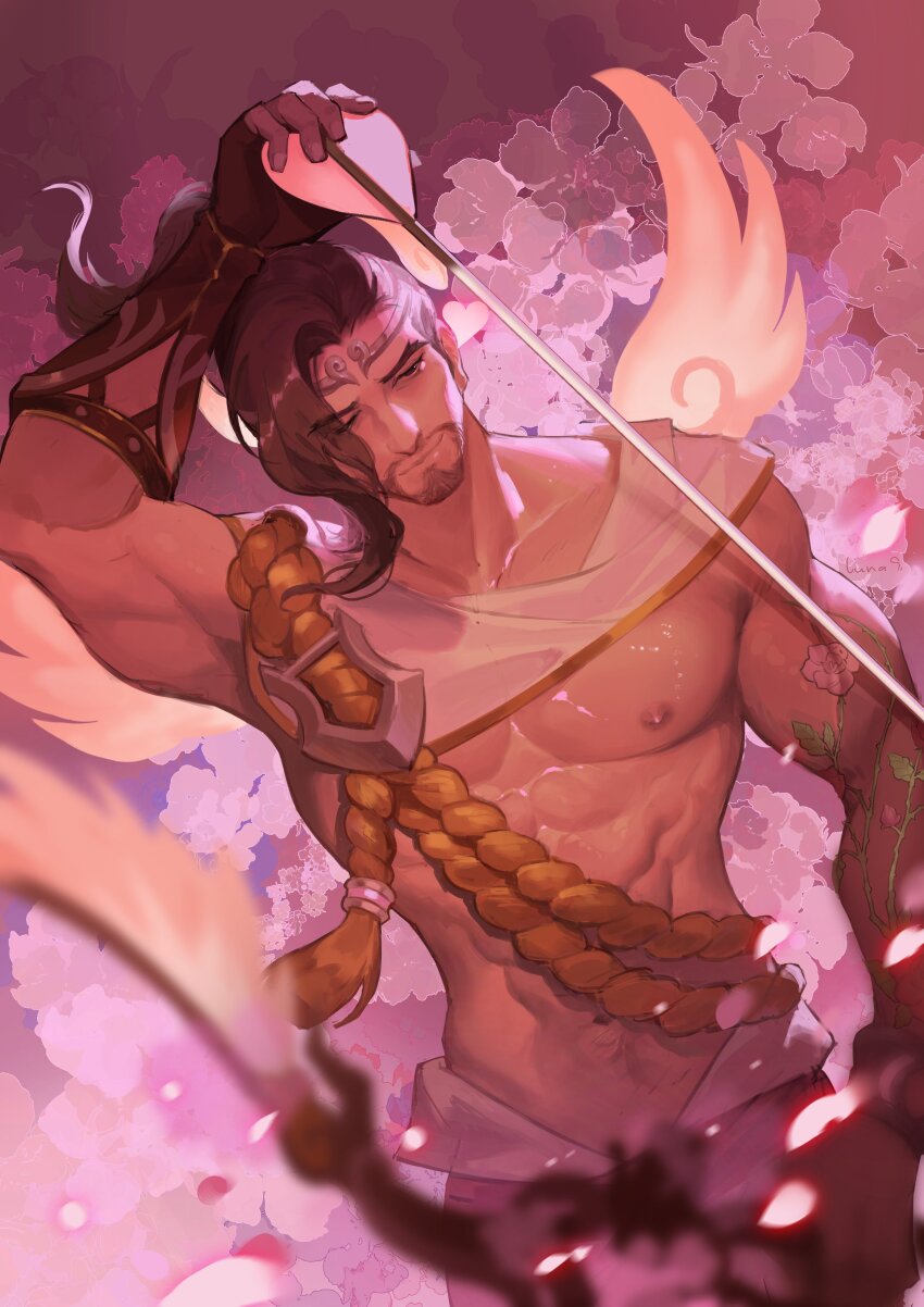1boy, absurdres, angel_wings, arrow_(projectile), bara, beard, brown_hair, cowboy_shot