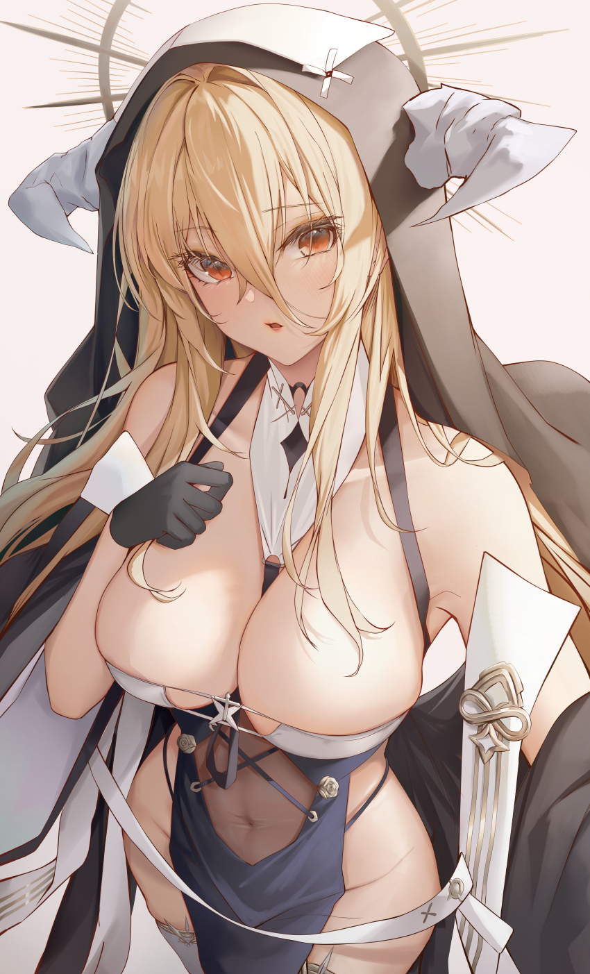 1girl, absurdres, azur_lane, bare_shoulders, black_gloves, black_headwear, blonde_hair, blush
