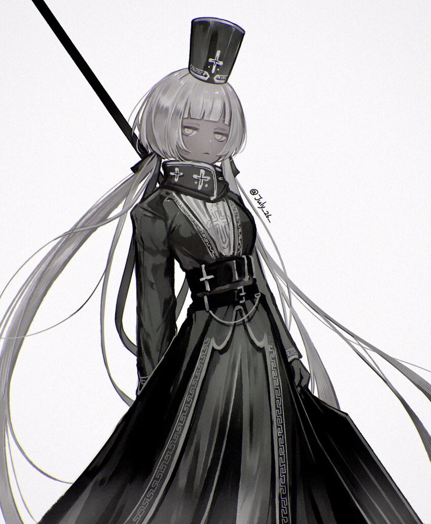 1girl, belt, black_belt, black_dress, black_gloves, black_hat, blunt_bangs, breasts