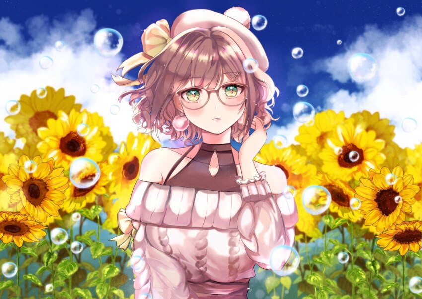 1girl, bare_shoulders, breasts, bubble, chocola_s, flower, glasses, hat