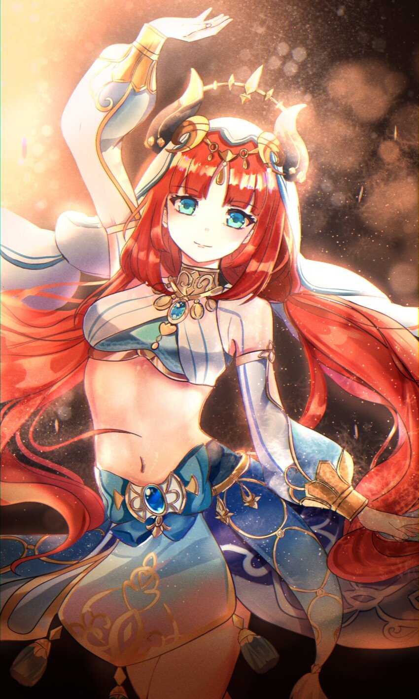 1girl, aqua_eyes, arm_up, blue_gem, blue_skirt, blush, bracer, breasts, brooch, brown_background, chocola_s, circlet, cleavage, closed_mouth, cowboy_shot, crop_top, dancer, dancing, detached_sleeves, fake_horns, gem, genshin_impact, gradient_background, harem_outfit, highres, horns, jewelry, long_hair, long_sleeves, low_twintails, medium_breasts, navel, neck_ring, nilou_(genshin_impact), orange_background, parted_bangs, puffy_long_sleeves, puffy_sleeves, red_hair, sidelighting, skirt, smile, solo, stomach, tassel, thighs, twintails, veil, very_long_hair, white_headwear