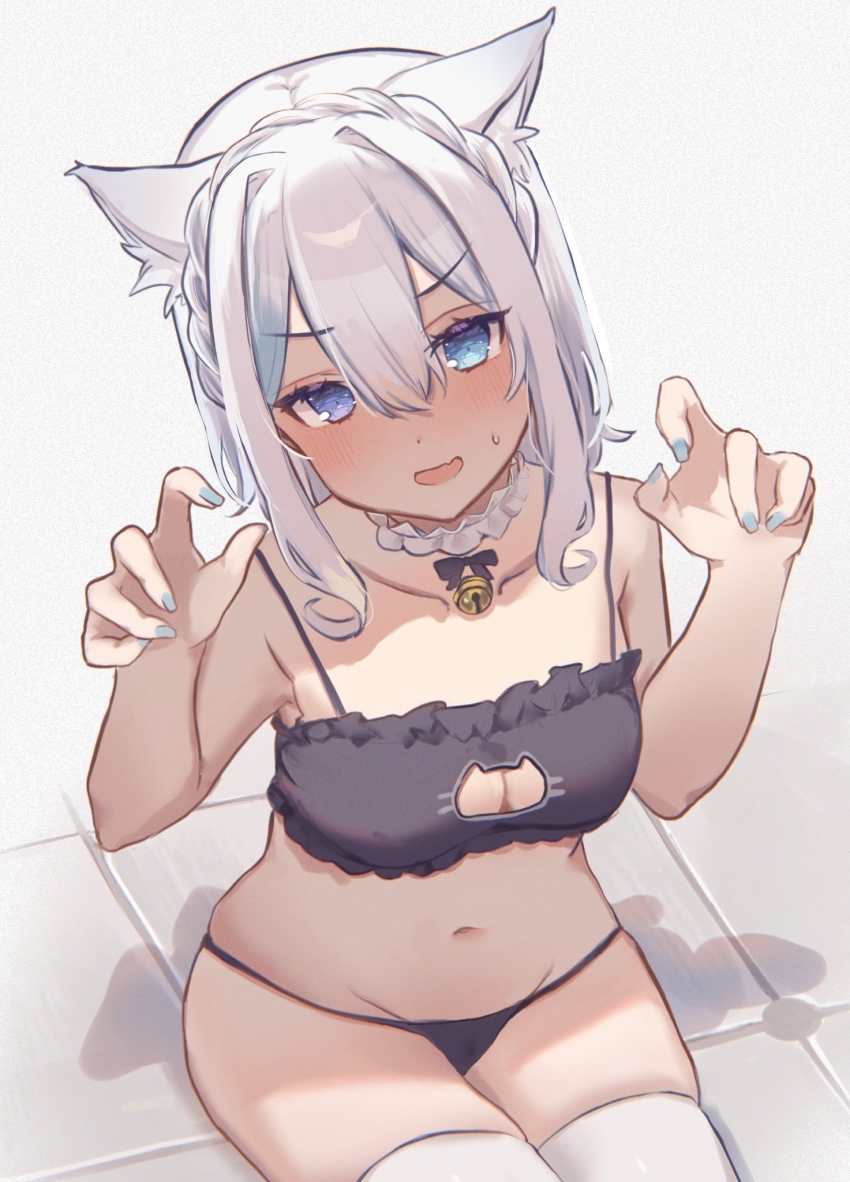 1girl, :d, animal_ears, ao_kotoha, black_bra, black_panties, blue_eyes, blue_hair