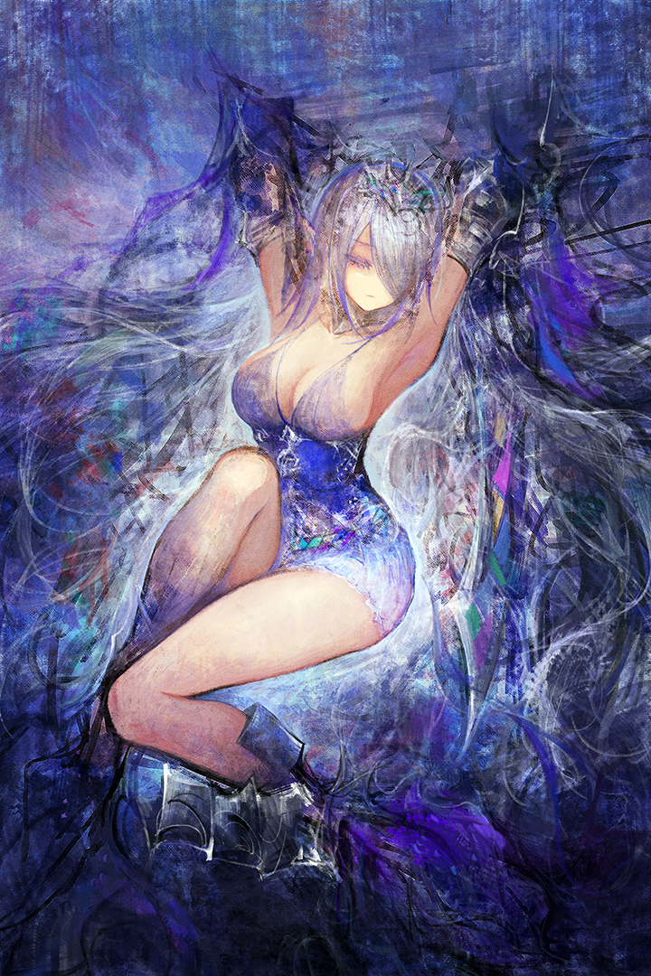 1girl, armpits, arms_behind_head, boots, breasts, cleavage, closed_eyes, comic, dress, duel_monster, elbow_gloves, fins, gloves, grey_hair, hair_over_one_eye, head_fins, labombardier!, large_breasts, long_hair, sideboob, solo, tearlaments_havnis, tiara, yu-gi-oh!