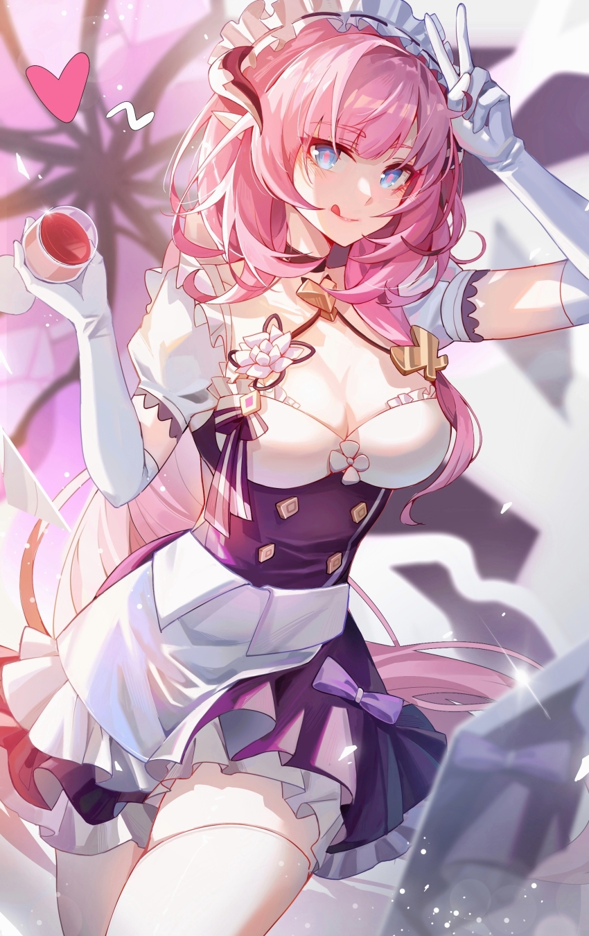 1girl, :q, absurdres, apron, arm_up, black_choker, black_dress, blue_eyes, breasts, chinese_commentary, choker, cleavage, commentary_request, cowboy_shot, cup, dress, drink, drinking_glass, elbow_gloves, elysia_(honkai_impact), elysia_(miss_pink)_(honkai_impact), elysia_(miss_pink_elf)_(honkai_impact), glint, gloves, hand_on_own_head, heart, highres, holding, holding_cup, honkai_(series), honkai_impact_3rd, large_breasts, layered_dress, long_hair, looking_at_viewer, low_ponytail, maid, maid_apron, maid_headdress, pink_hair, pink_pupils, pointy_ears, ponytail, puffy_short_sleeves, puffy_sleeves, short_sleeves, shuoruoranxing, smile, solo, standing, thighhighs, tongue, tongue_out, v, white_apron, white_gloves, white_thighhighs, wine_glass