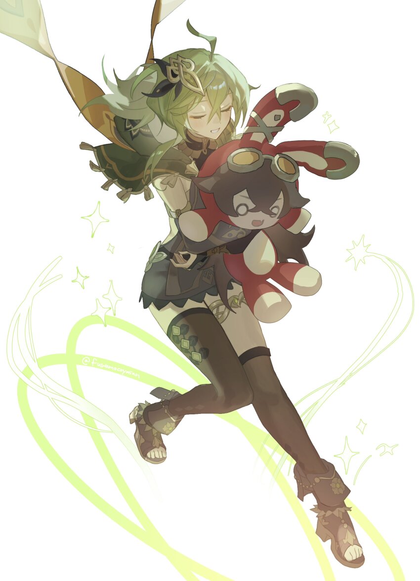 1girl, absurdres, ahoge, asymmetrical_legwear, baron_bunny_(genshin_impact), boots, brown_thighhighs, capelet, closed_eyes, collei_(genshin_impact), crossed_bangs, full_body, fuwamocoyasan, genshin_impact, gloves, goggles, goggles_on_head, green_capelet, green_hair, hair_between_eyes, hair_ornament, highres, holding, hugging_doll, hugging_object, jewelry, long_hair, open-toe_boots, short_hair, simple_background, skirt, smile, solo, sparkle, stuffed_animal, stuffed_rabbit, stuffed_toy, thighhighs, thighlet, white_background