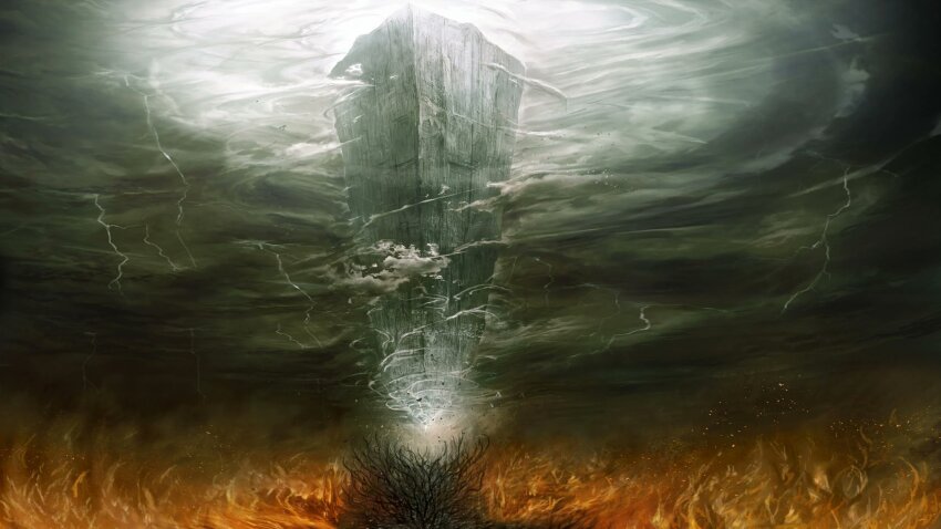 building, cloud, cloudy_sky, commentary, demon's_souls, eldritch_abomination, embers, english_commentary, fire, floating, highres, landscape, lightning, menaslg, monster, no_humans, sky, storm, storm_cloud, the_nexus, the_old_one, thunder