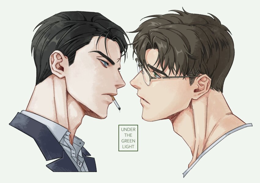2boys, black_hair, blue_eyes, brown_hair, cigarette, copyright_name, glasses, green_eyes