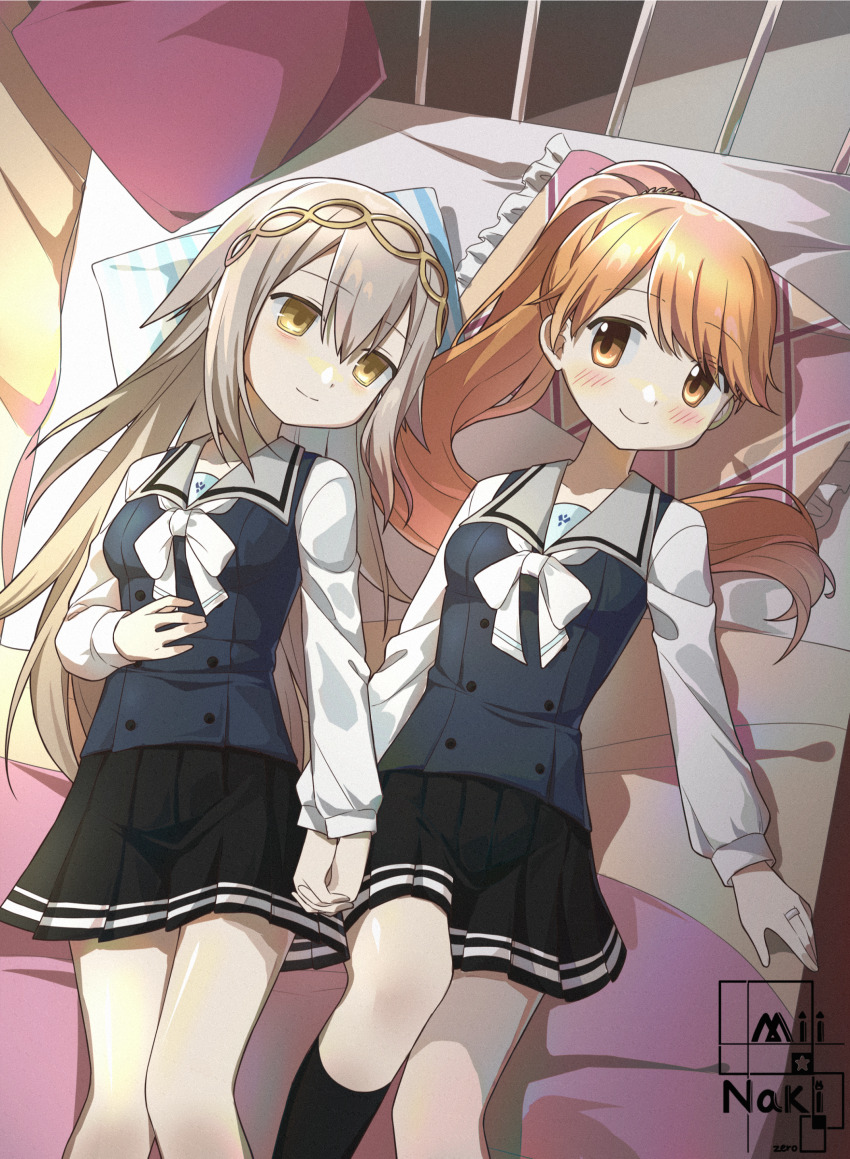 2girls, absurdres, arm_at_side, black_skirt, black_socks, blue_vest, blush, buttons, dot_nose, feet_out_of_frame, grey_hair, hair_between_eyes, hairband, hand_on_own_stomach, highres, holding_hands, jewelry, kirari_hikaru, knee_up, kneehighs, kureha_yuna, long_hair, looking_at_another, lying, magia_record:_mahou_shoujo_madoka_magica_gaiden, mahou_shoujo_madoka_magica, miniskirt, multiple_girls, neck_ribbon, on_back, on_bed, orange_eyes, orange_hair, p3233, pleated_skirt, ponytail, ribbon, ring, school_uniform, sidelocks, skirt, smile, socks, swept_bangs, torayamachi_academy_school_uniform, very_long_hair, vest, white_ribbon, white_sleeves, wing_collar, yellow_eyes, yuri