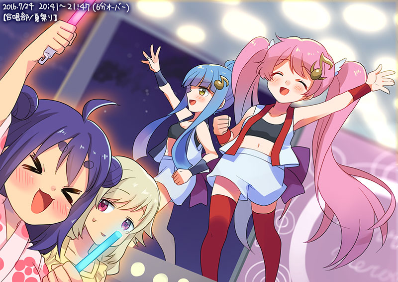 4girls, blonde_hair, blue_hair, blush, closed_eyes, double_bun, ensemble_girls!, hair_bun