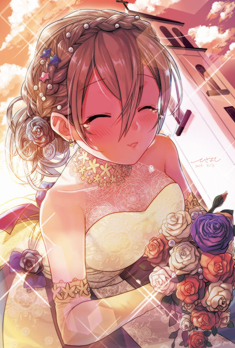 1girl, 2016, blush, bouquet, braid, bride, closed_eyes, crown_braid