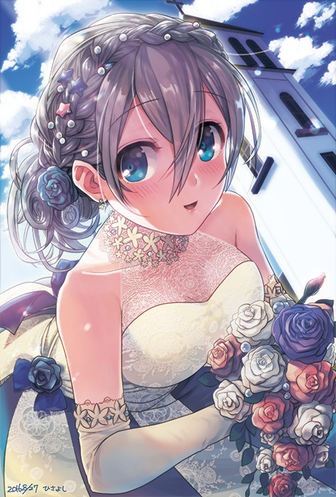 1girl, 2016, blue_eyes, blush, bouquet, braid, bride, crown_braid