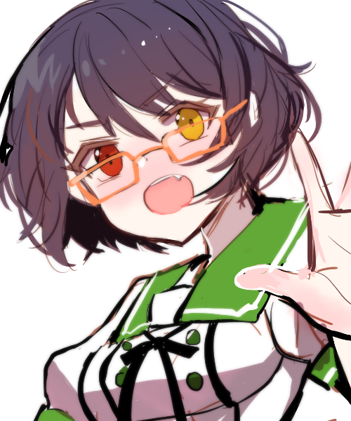 1girl, black_hair, ensemble_girls!, heterochromia, kimisaki_school_uniform, kuromori_suzu, looking_at_viewer, nn_(terter7878), open_mouth, orange-framed_eyewear, red_eyes, school_uniform, shirt, short_hair, short_sleeves, sketch, solo, white_background, white_shirt, yellow_eyes