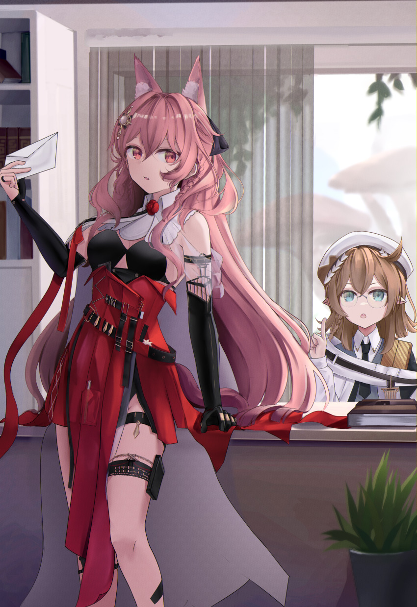 2girls, absurdres, animal_ears, arknights, bare_shoulders, beret, black_gloves, black_necktie