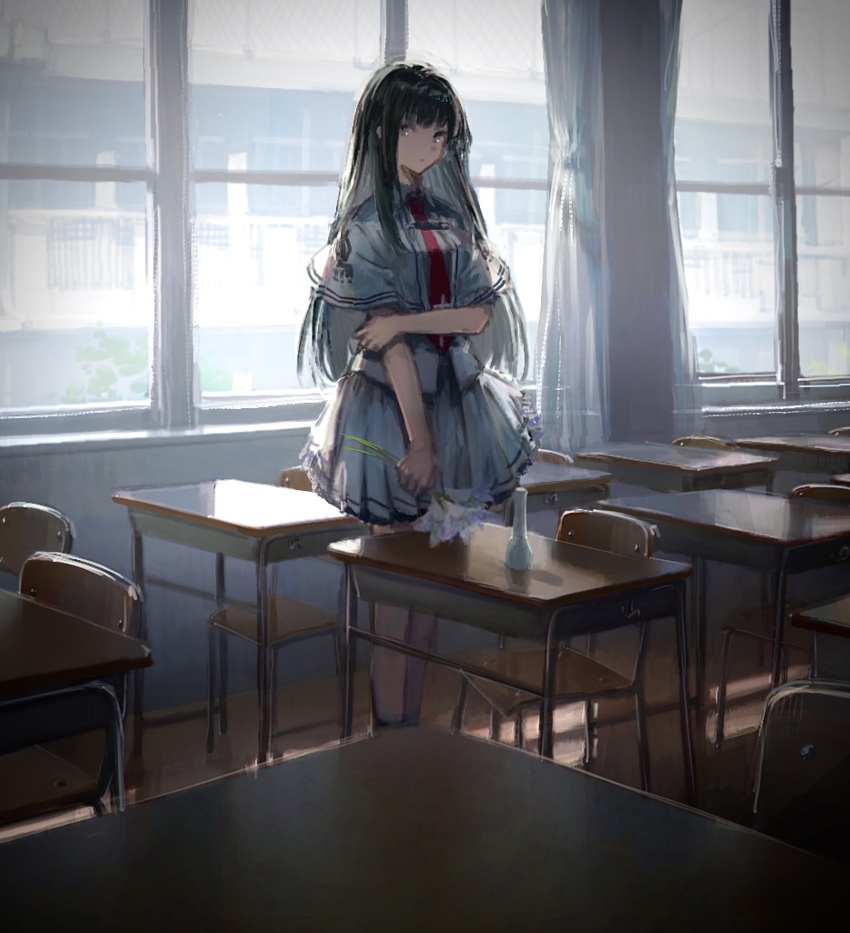 1girl, absurdres, arm_under_breasts, backlighting, black_eyes, black_hair, black_socks, capelet, chair, classroom, commentary, cross, cross_print, desk, expressionless, flower, flower_pot, frilled_skirt, frills, full_body, highres, holding, holding_flower, hand_on_own_arm, indoors, iotsuki, legs, long_hair, looking_at_viewer, miniskirt, mourning, necktie, pleated_skirt, red_necktie, school_chair, school_desk, school_uniform, shirt, sidelocks, skirt, socks, solo, standing, straight_hair, subarashiki_hibi, takashima_zakuro, white_capelet, white_flower, white_shirt, white_skirt, window