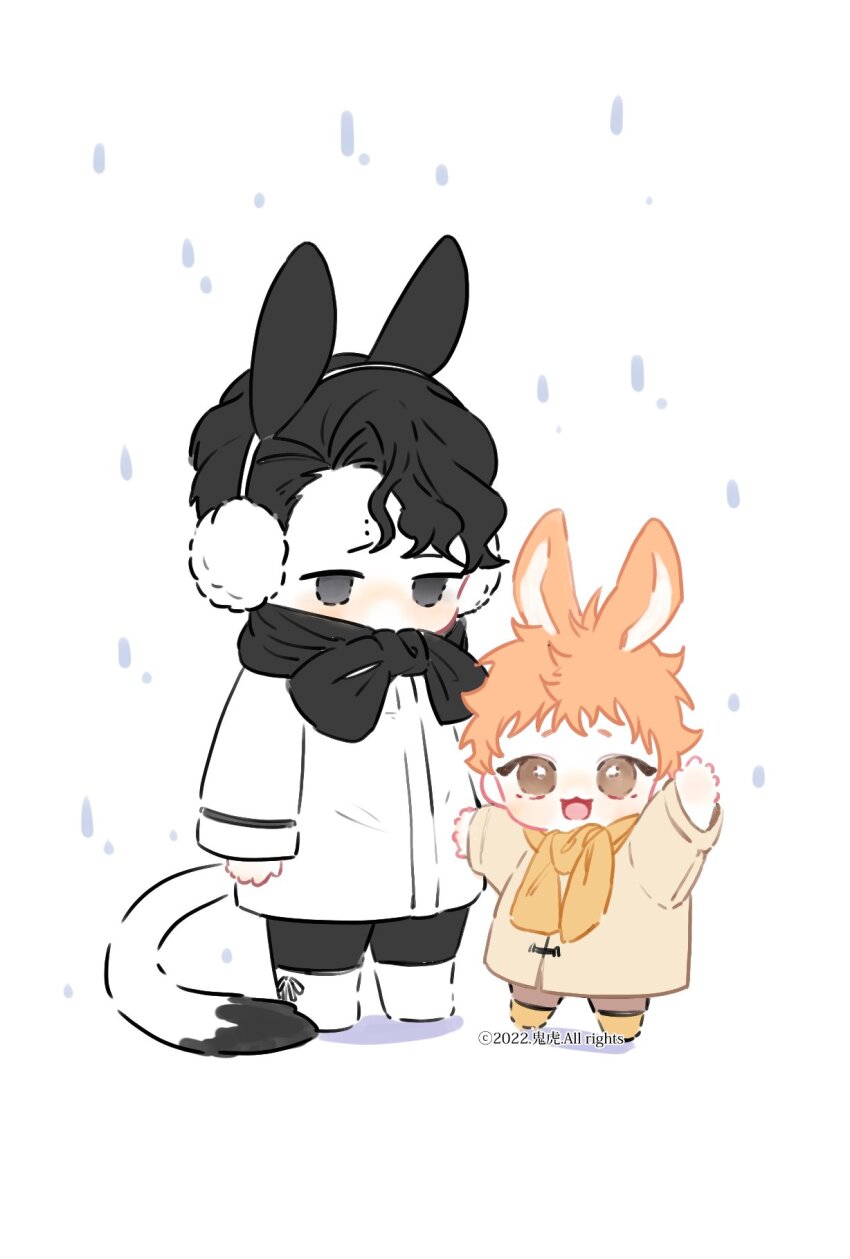 2boys, aged_down, animal_ears, black_eyes, black_hair, blush, brown_eyes, chibi, child, coat, commentary_request, earmuffs, full_body, haikyuu!!, highres, hinata_shouyou, kemonomimi_mode, korean_commentary, long_sleeves, looking_at_another, looking_at_viewer, male_focus, multiple_boys, open_mouth, orange_hair, ronno_5, sakusa_kiyoomi, scarf, short_hair, simple_background, smile, standing, tail, white_background