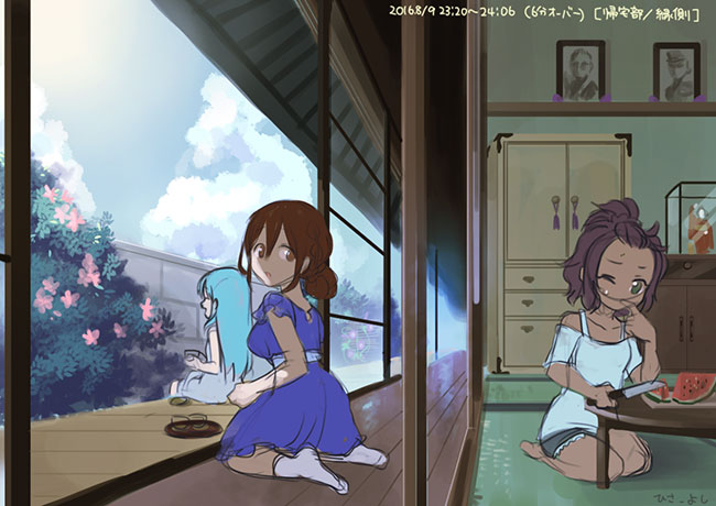 3girls, anjou_mai, blue_hair, brown_hair, dress, ensemble_girls!, facing_to_the_side, facing_viewer