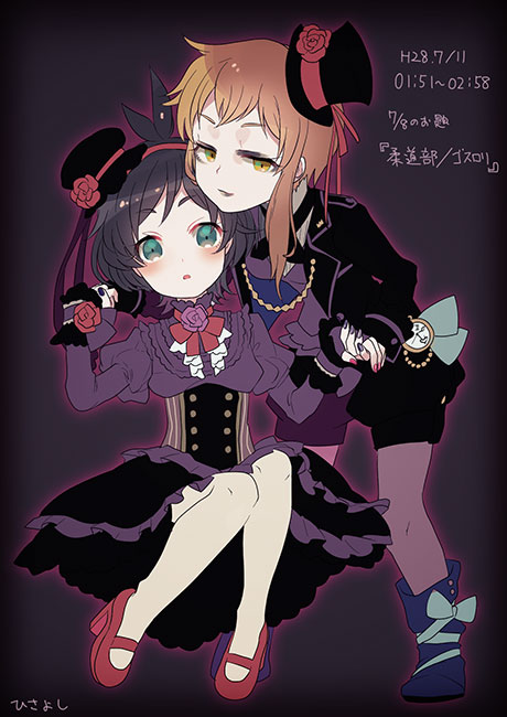 2girls, aqua_eyes, black_background, black_hair, black_jacket, black_shorts, blonde_hair, dress