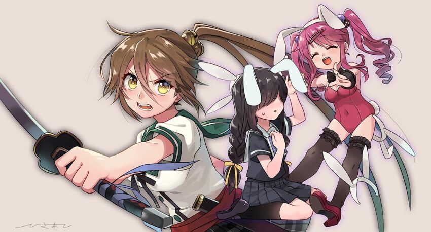 3girls, animal_ears, braid, brown_hair, ensemble_girls!, fake_animal_ears, hair_over_eyes, hisayoshi_(hisa)