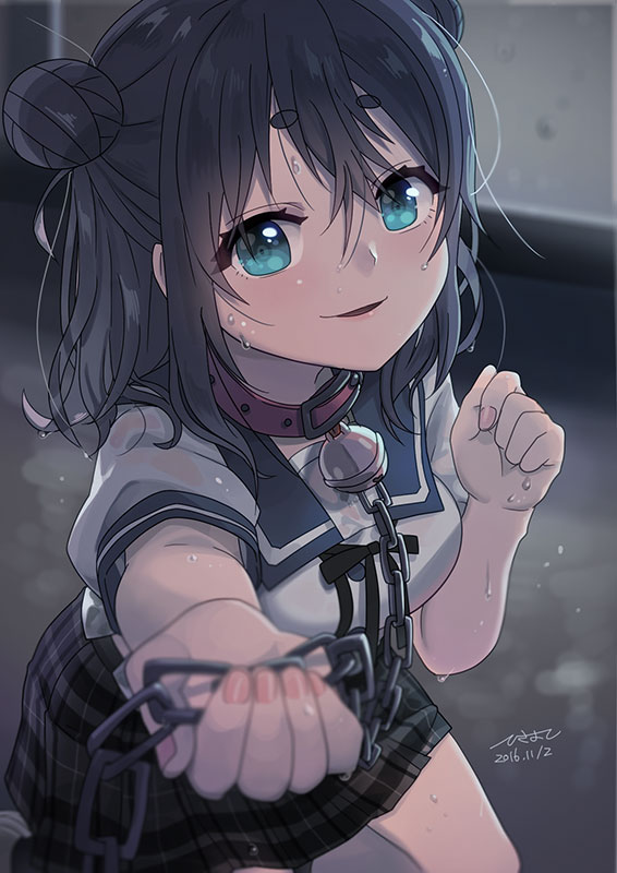 1girl, bell, black_hair, blue_eyes, chain, collar, double_bun, ensemble_girls!, hair_bun, half_updo, hisayoshi_(hisa), kimisaki_school_uniform, kirishima_kairi, looking_at_viewer, neck_bell, open_mouth, pink_nails, plaid_clothes, plaid_skirt, red_collar, school_uniform, skirt, smile, solo
