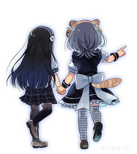 2girls, amamiya_ruri, animal_ears, black_hair, blue_hair, ensemble_girls!, facing_away, fake_animal_ears
