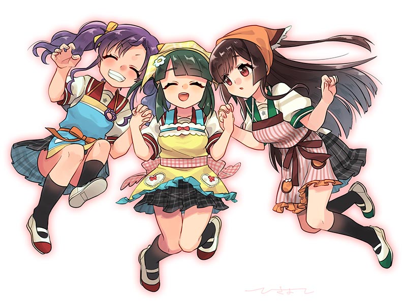 3girls, apron, black_hair, closed_eyes, ensemble_girls!, full_body, green_hair, hisayoshi_(hisa)