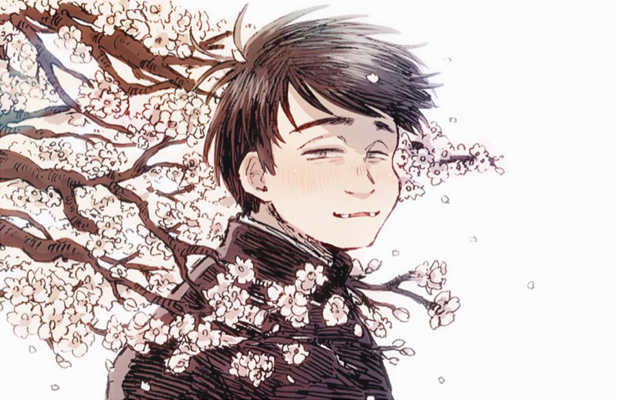 1boy, black_hair, buck_teeth, cherry_blossoms, gakuran, looking_at_viewer, looking_back, male_focus
