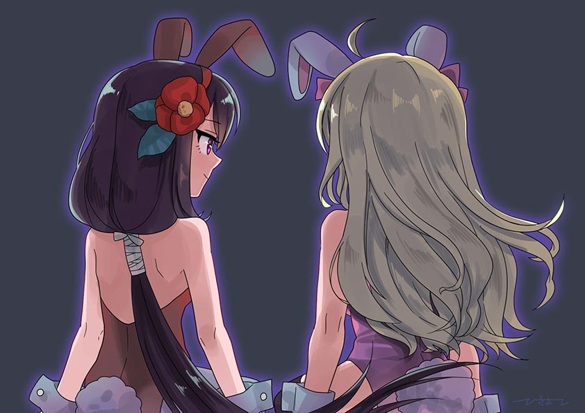 2girls, animal_ears, ensemble_girls!, facing_another, facing_away, fake_animal_ears, fake_tail, grey_background